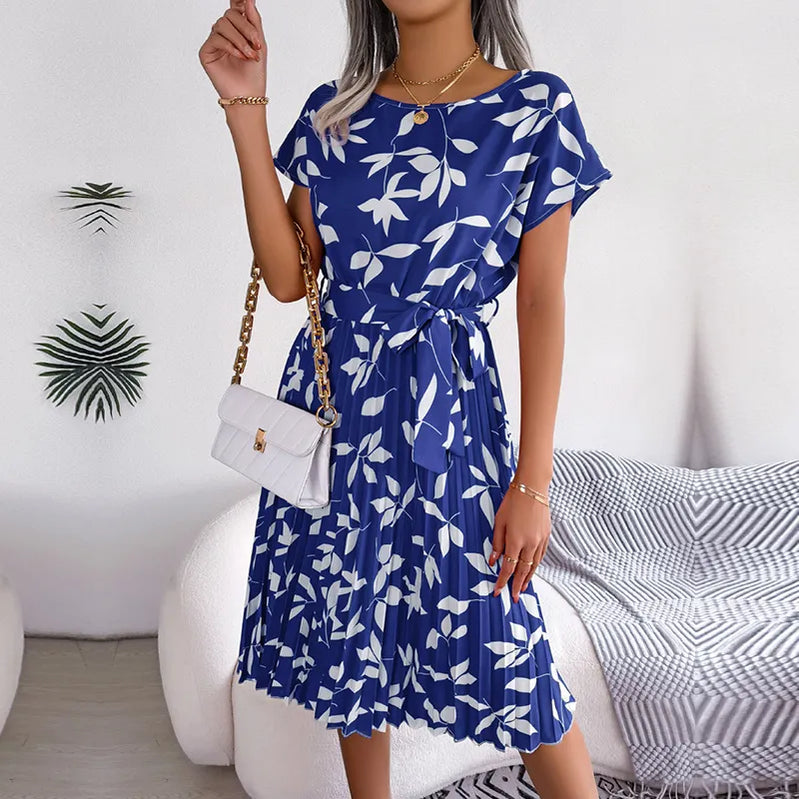 Fashion Floral Pleated A Line Long Dress Women Spring Summer Short Sleeve High Waist Chic Dress Blue Leaf