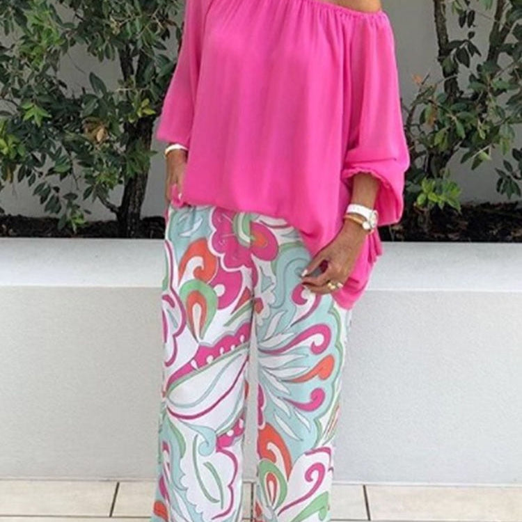 One-shoulder Loose Long Sleeved T Shirt Set Women's Spring Autumn Leisure Printed Wide Leg Trousers + Shirt Two Piece Pink