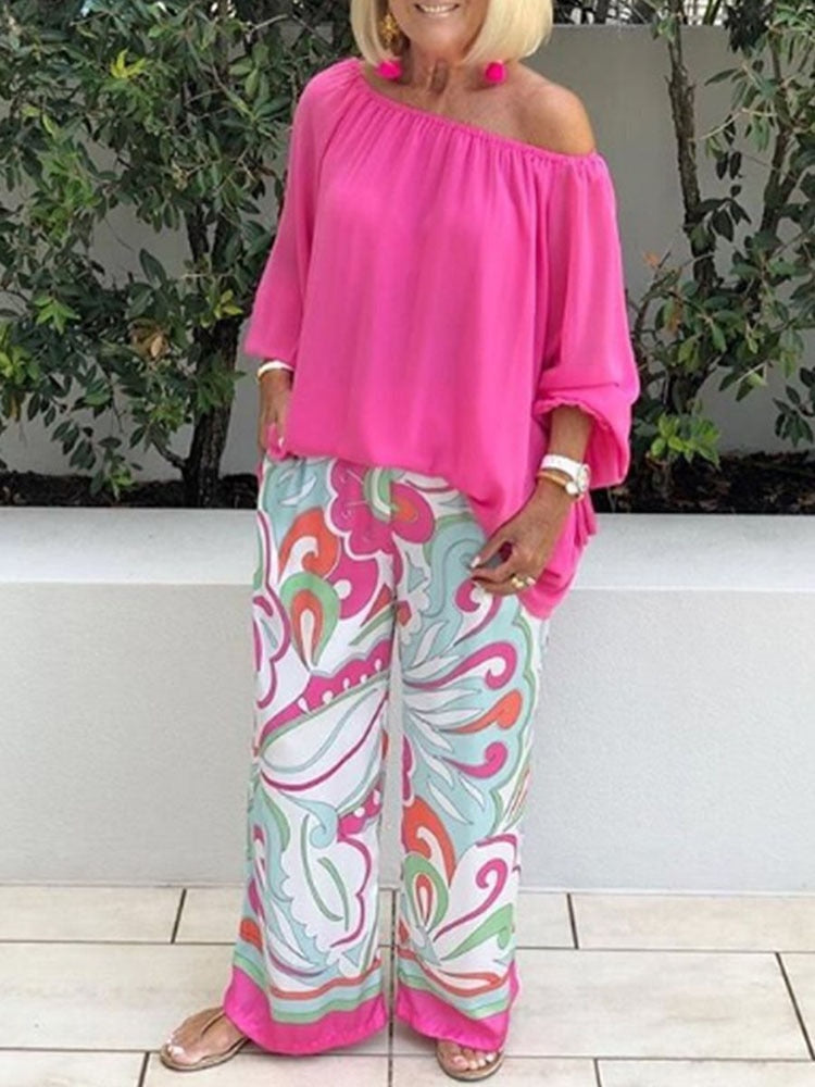One-shoulder Loose Long Sleeved T Shirt Set Women's Spring Autumn Leisure Printed Wide Leg Trousers + Shirt Two Piece Pink