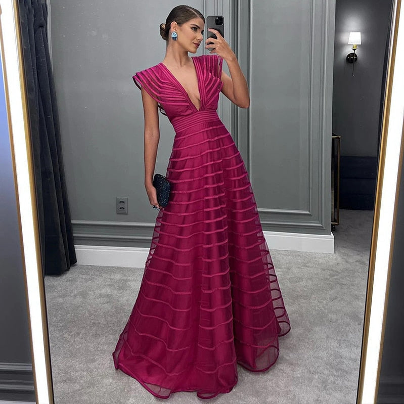 Emerald A Line Evening Dresses Cap Sleeves Deep V Neck Prom Gowns Floor Length Women Party Special Occasion Dress Fuchsia