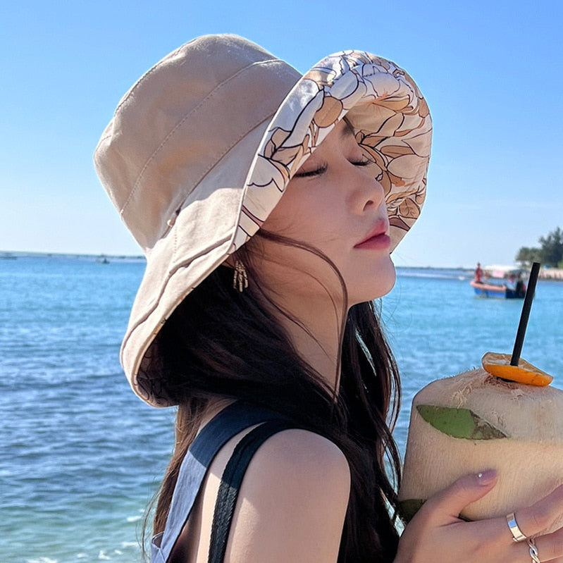 Spring Summer Print Reversible Sun Beach Hat Woman Girl Outdoor Travel Vacation Fisherman Cap Wide Brim 12.5cm Visor Hat A Khaki Head Girth 56-58cm