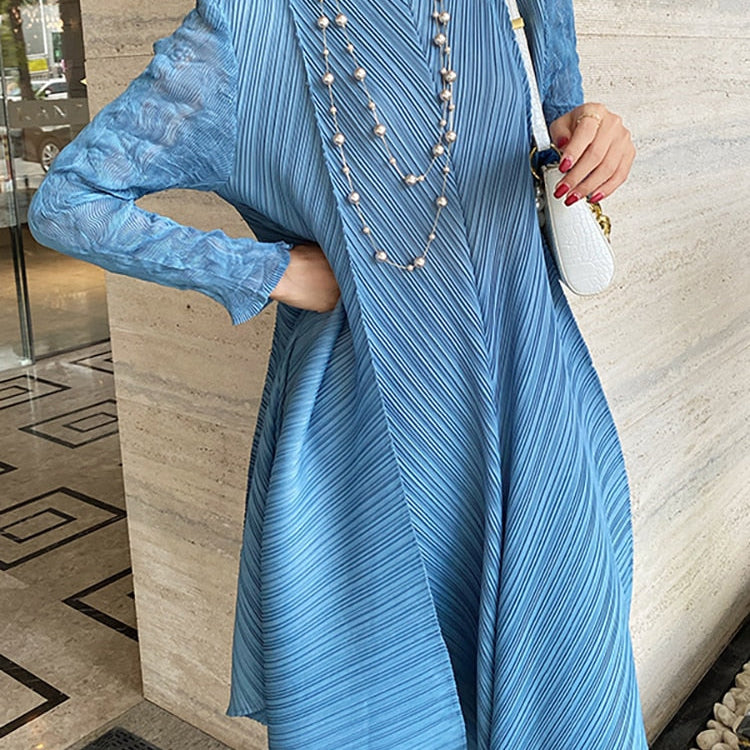 Sets Women Pleated Two Piece Set Fall Winter New Loose Casual Suit Lace Fashion Long Dress Top Pencil Pant Clothes Sky Blue One Size