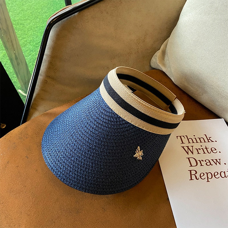 Empty Top Straw Hat Travel Sunshade Sun Hat Cap Trendy Superlite Beach Cap summer Wear Visor Cap For Womens Blue 57 cm