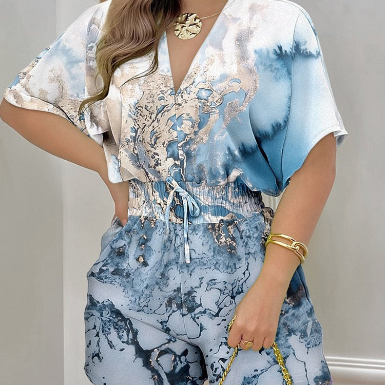 Summer Women Print Jumpsuit Fashion Casual Playsuit V-neck Elegant Romper New Holiday Short Sleeve Outfits Streetwear Jumpsuit White