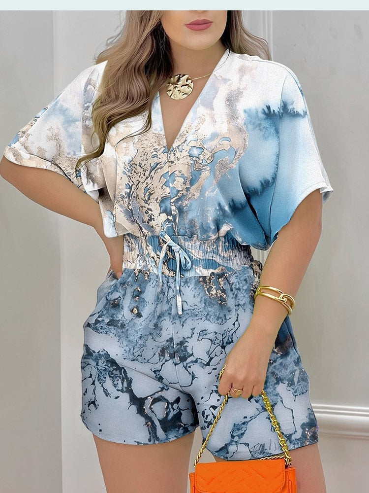 Summer Women Print Jumpsuit Fashion Casual Playsuit V-neck Elegant Romper New Holiday Short Sleeve Outfits Streetwear Jumpsuit White