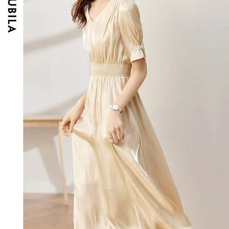 Vintage Elegant Dresses for Women Summer Fashion V-Neck Empire Puff Sleeves A-Line Long Dresses Women Clothing