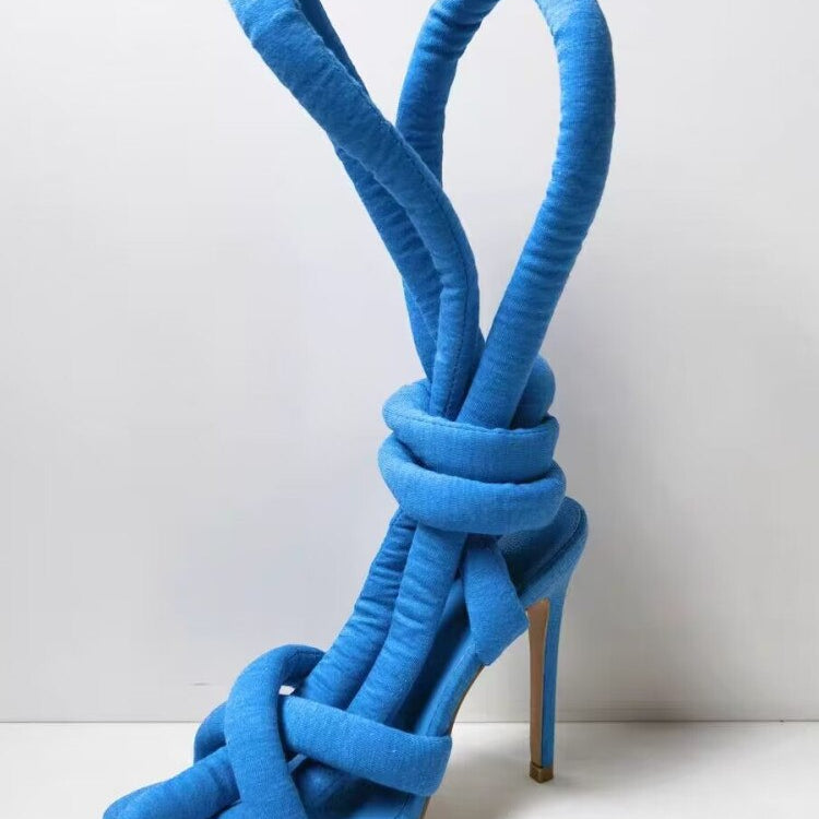 Summer Square Head Slim High Heel Sandals Wrapped Around The Feet Fashion Show Dress 43 Large Women's Sandals blue