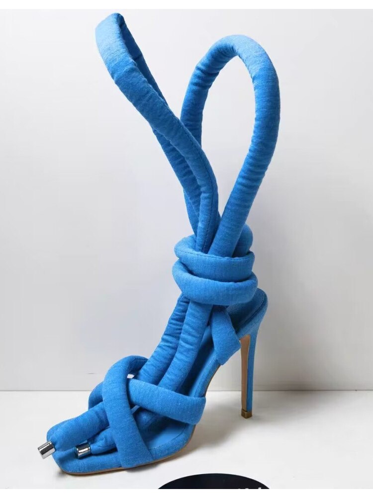 Summer Square Head Slim High Heel Sandals Wrapped Around The Feet Fashion Show Dress 43 Large Women's Sandals blue