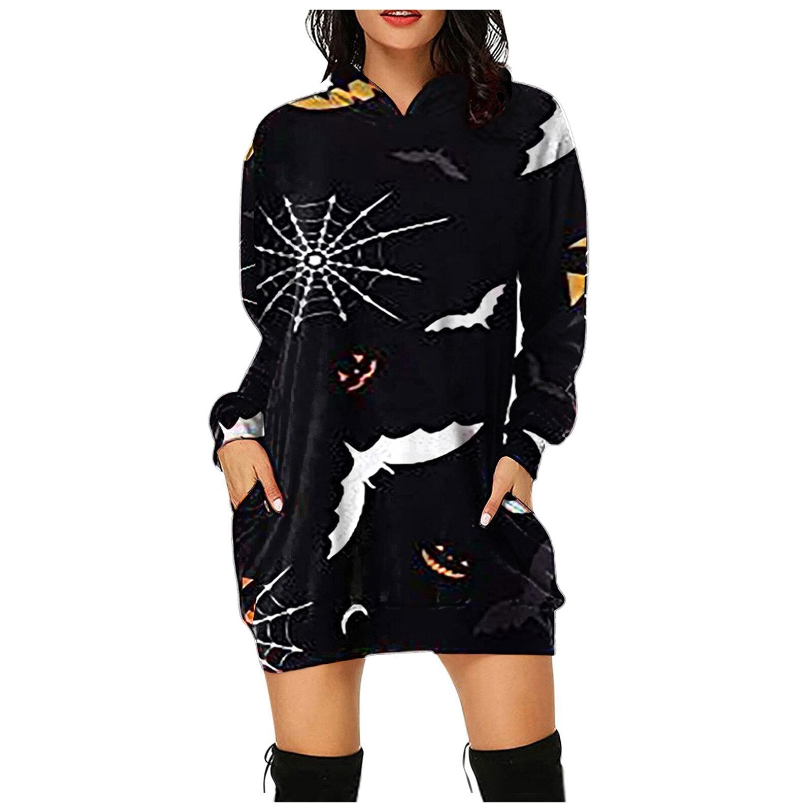 Women's Halloween Pumpkin Printed Sweater Hooded Long Sleeve Dress Sweatshirt Female Women Autumn Spring Casual Hoodies Clothes P08
