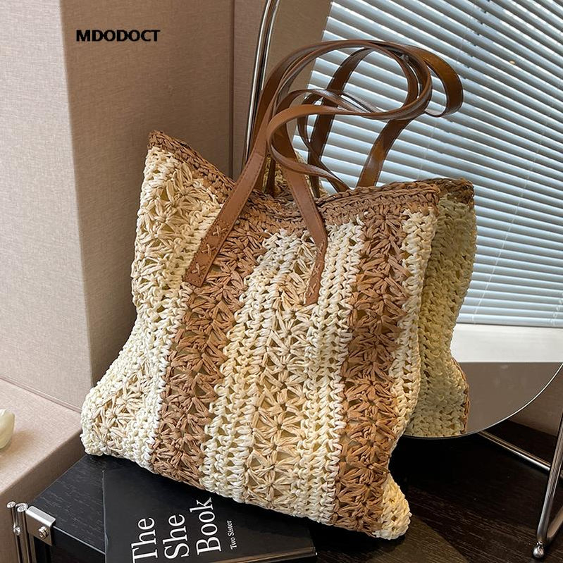 Casual Large Capacity Straw Woven Tote Shoulder Bags For Women Luxury Designer Beach Ladies Handbags Beige