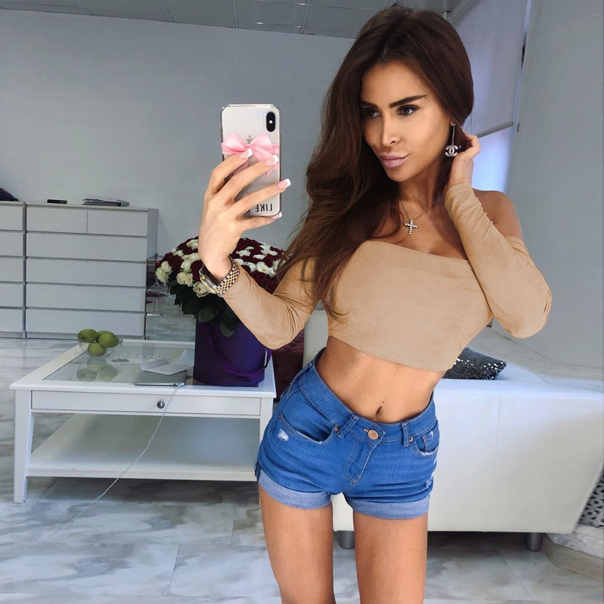 Slash Neck Crop Top Women Summer Casual T Shirt Basic Sexy Streetwear Long Sleeve Tops Autumn Solid Bodycon Fashion Tops 2023 Khaki