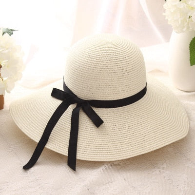 Simple Foldable Wide Brim Floppy Girls Straw Hat Sun Hat Beach Women Summer Hat UV Protect Travel Cap Lady Cap Female beige 55-58cm