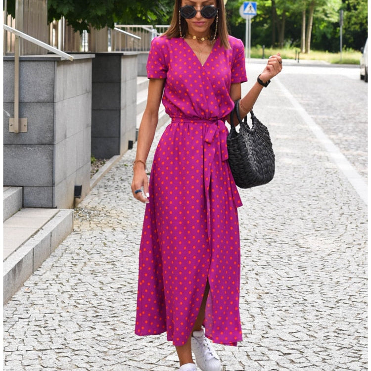 Women Casual Floral Print Dress Summer Elegant V-neck Short Sleeve Waist Lace Up Maxi Dresses Female Holiday Split Long Dress