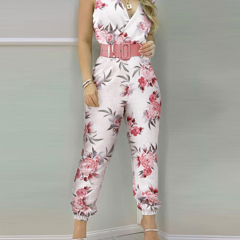 Woman Jumpsuits Elegant Jumpsuits Sexy V-neck Sleeveless Printed Jumpsuit New Fashion with Belt Vest Playsuit Streetwear I
