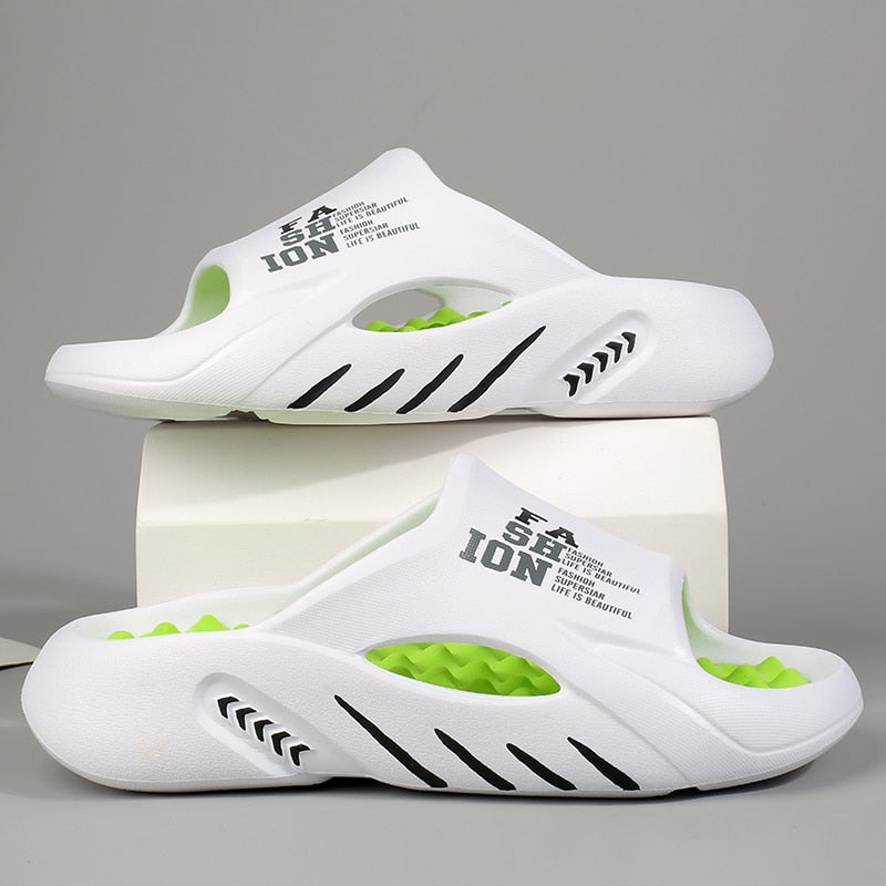 Summer Men Massage Slippers Sides Indoor Outdoor Sandals Beach Casual Shoes Soft Sole Slides Men Flip-flops Men&#39;s Sandals WHITE GREEN