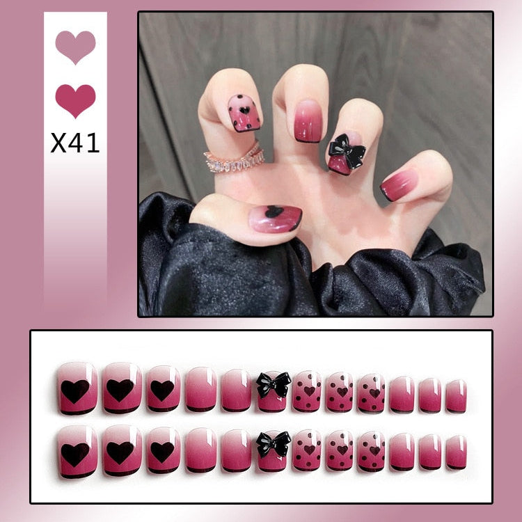24PCS/Box Bowknot Rabbit Pattern Pearl Short Square Designer Fashion Design French Style Full Covering Pressed Fake Nails X41---Fake Nails
