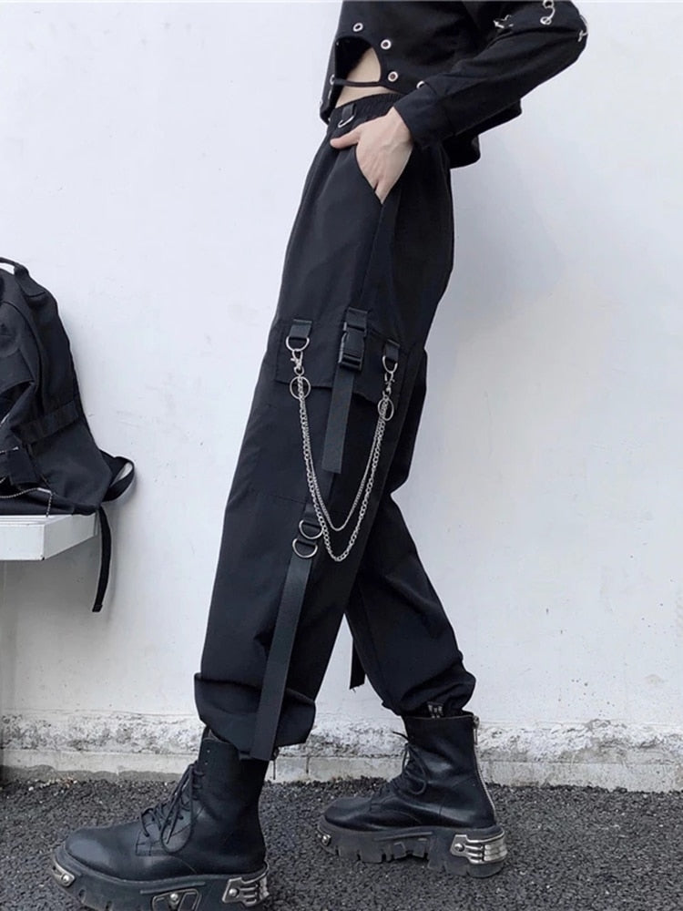 Women Cargo Pants Harem Pants Fashion Punk Pockets Jogger Trousers With Chain Harajuku Elastics High Waist Streetwear