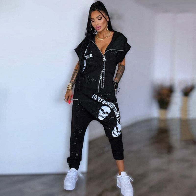 New Female Black Loose Outdoor Sportswear Casual Short Sleeves Lapel Collar Zippered Jumpsuits For Women BLACK