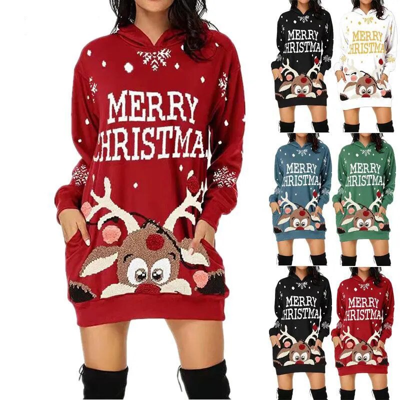 Christmas Elk Snowflake Printed Sweatshirts Party Dress Women Fashion Dresses Sweatshirts Long Sleeve Hoodies Dress Casual Tops