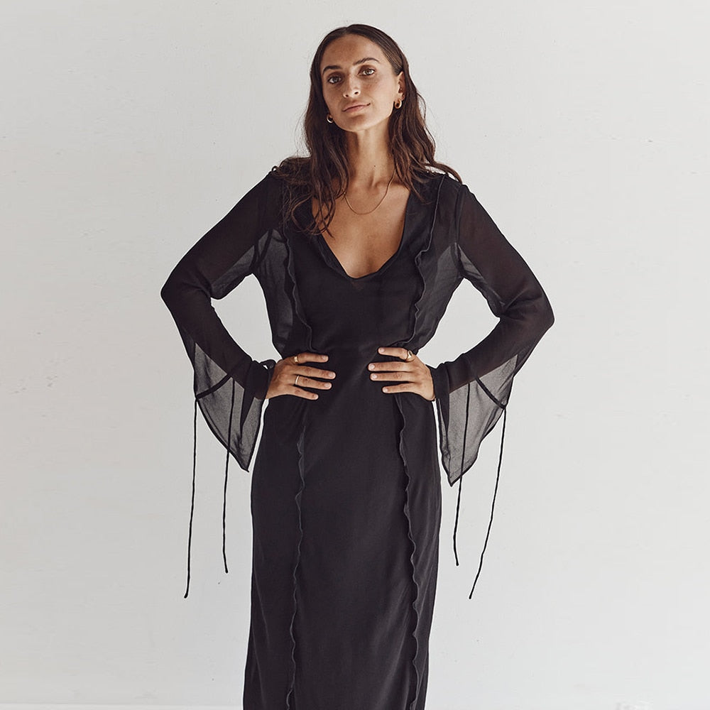 Elegant Black Sheer Beach Dress Women Sexy Flare Sleeve Mesh Tassel Bodycon Summer Dress 2023 Night Party Long Dress Cover-Ups