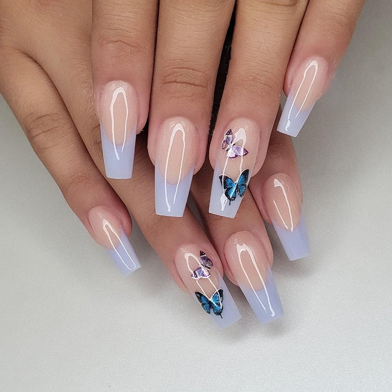 Glossy Pink Wearable Nail Art Blue Rhinestone Extra Long Ballet Detachable Finished False Nails Press on Nails with Glue MT805CBLCY30