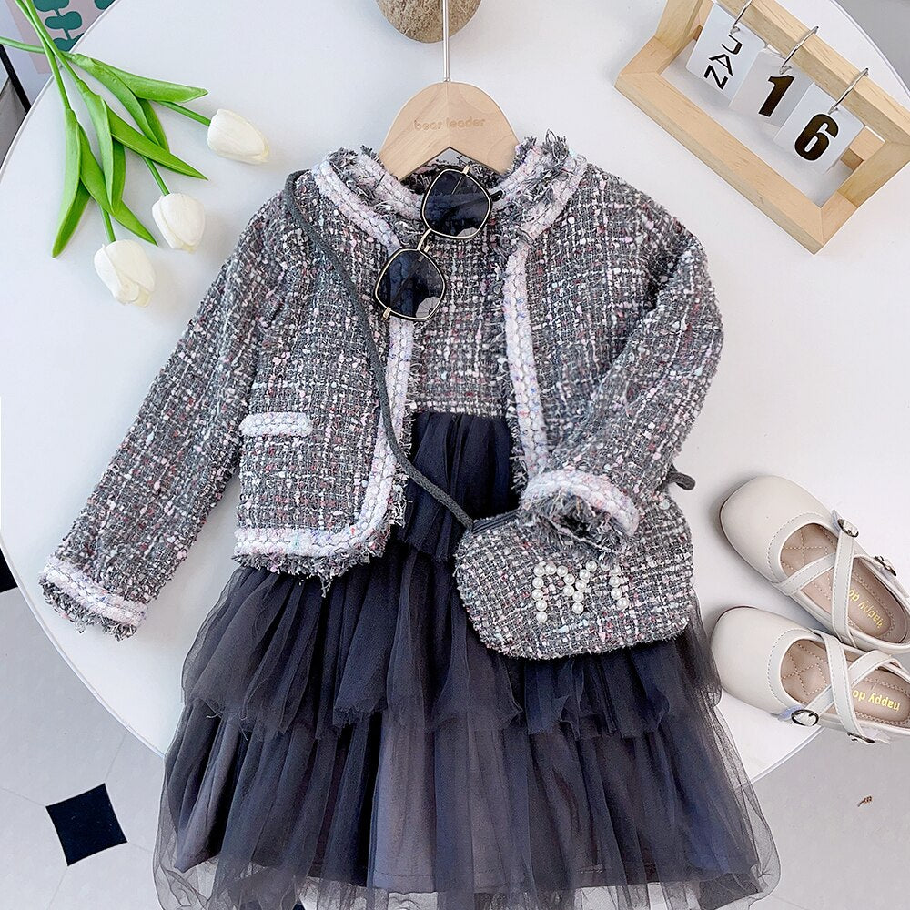 Leader Fashion Kids Girls Princess 2pcs Clothes Set Autumn Winter Children Coat Outwear+Skirts Vintage Outfits Suit 2-12Y AX1300Black