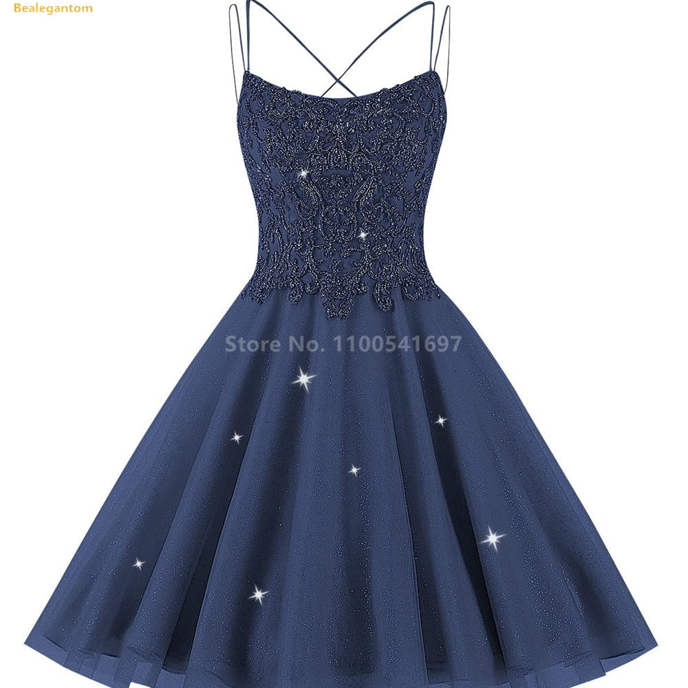 Bealegantom Lace Beaded Spaghetti Homecoming Dresses Sparkly Tulle Pageant Short Prom Party Cocktail Gown Vestidos De Graudation