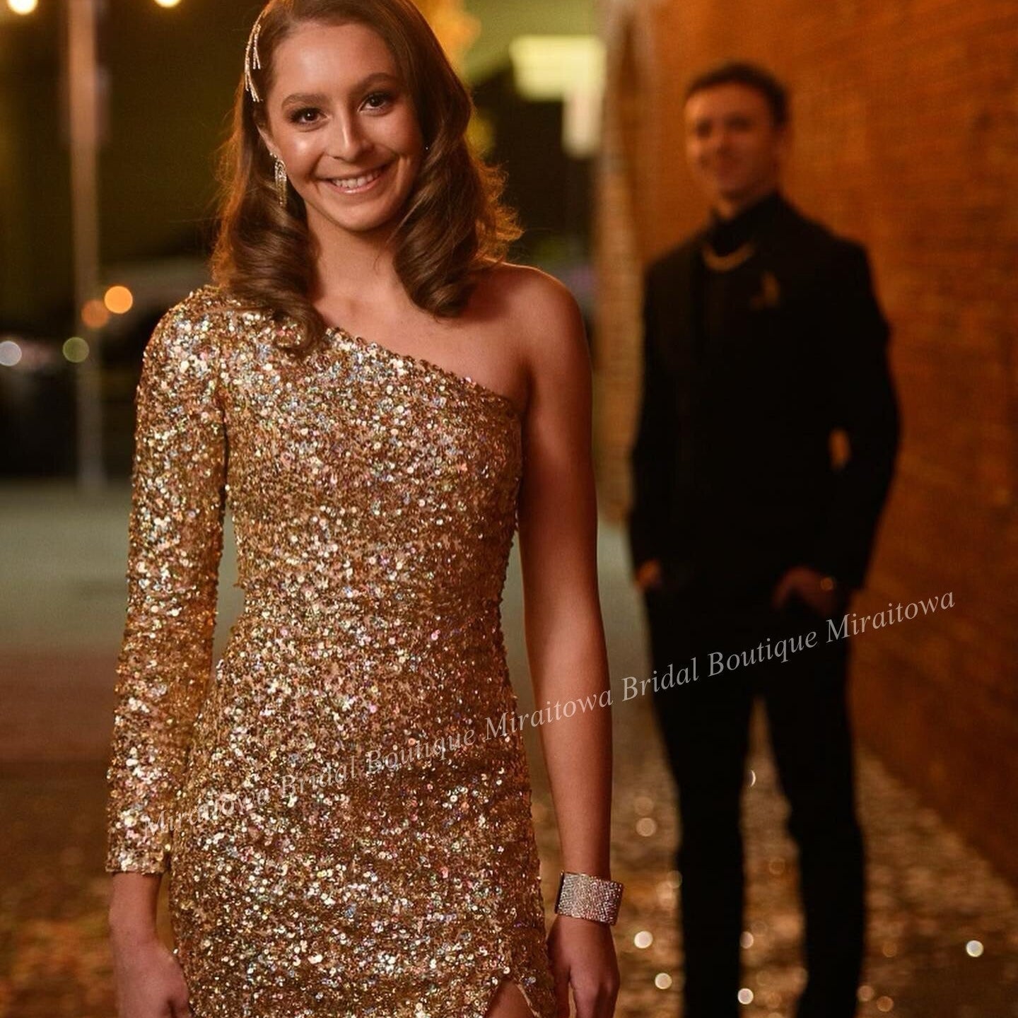 Pink Sequin Mini Cocktail NYE Dress Long Sleeve Lady Formal Event Homecoming Party Gown Club Night Hoco Gala One-Shoulder