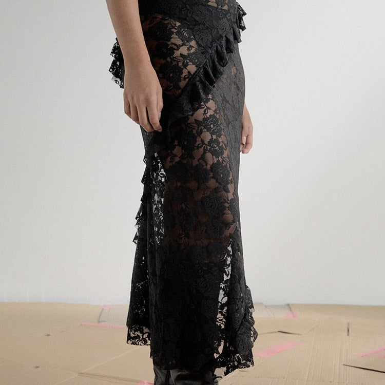 Fantoye Sexy See Through Lace Women Skirt Black High Waist Floral Y2k Skirt Femme Summer Casual Vacation Outside Streetwear 2023