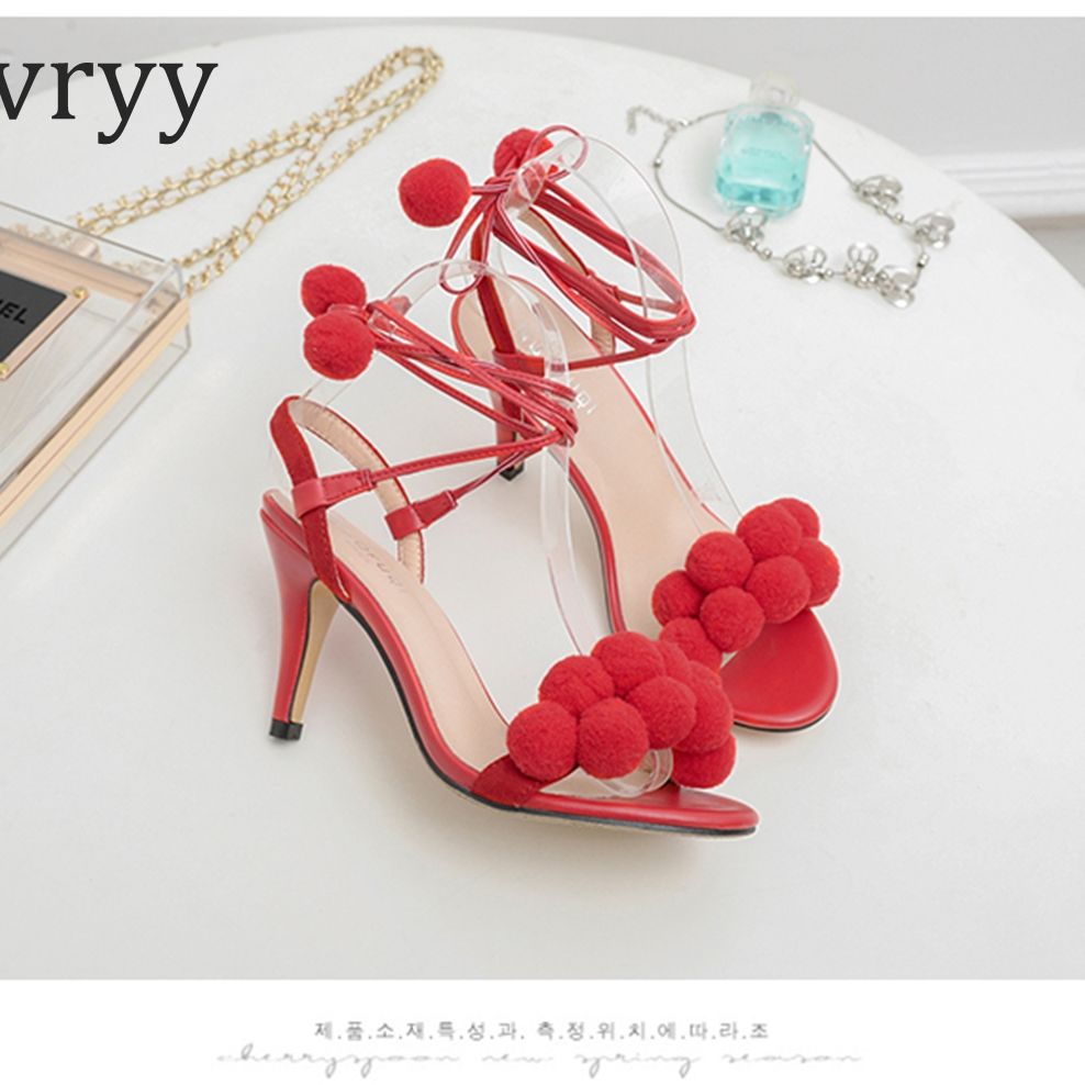 Colorful Fur Ball Strappy Sandals Summer Cute Roman Women's Shoes Red Temperament Pointy Toe Open-toed Strappy High Heels