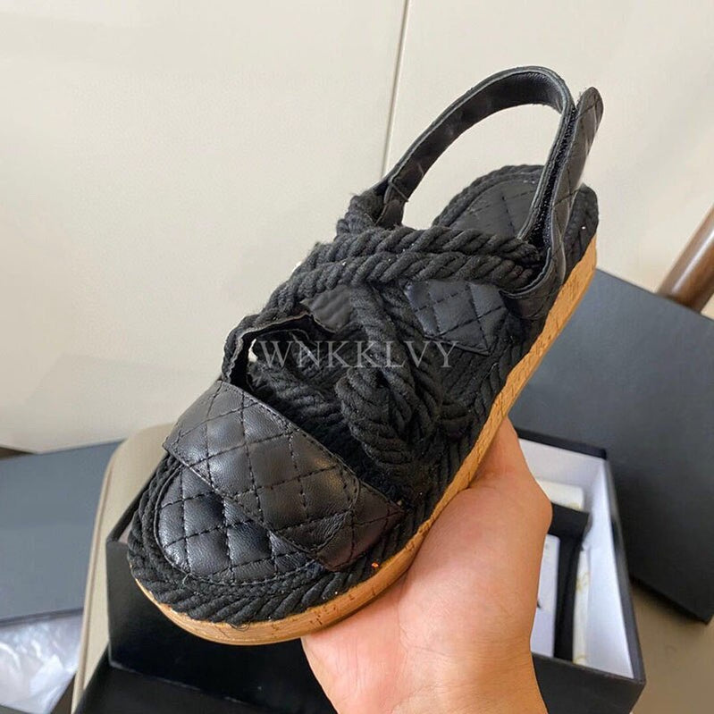 New Summer Women Real Leather Splicing Hemp Rope Open Toe Casual Sandals With Sticky Strap Design Resort Beach Flat Shoes as show 6