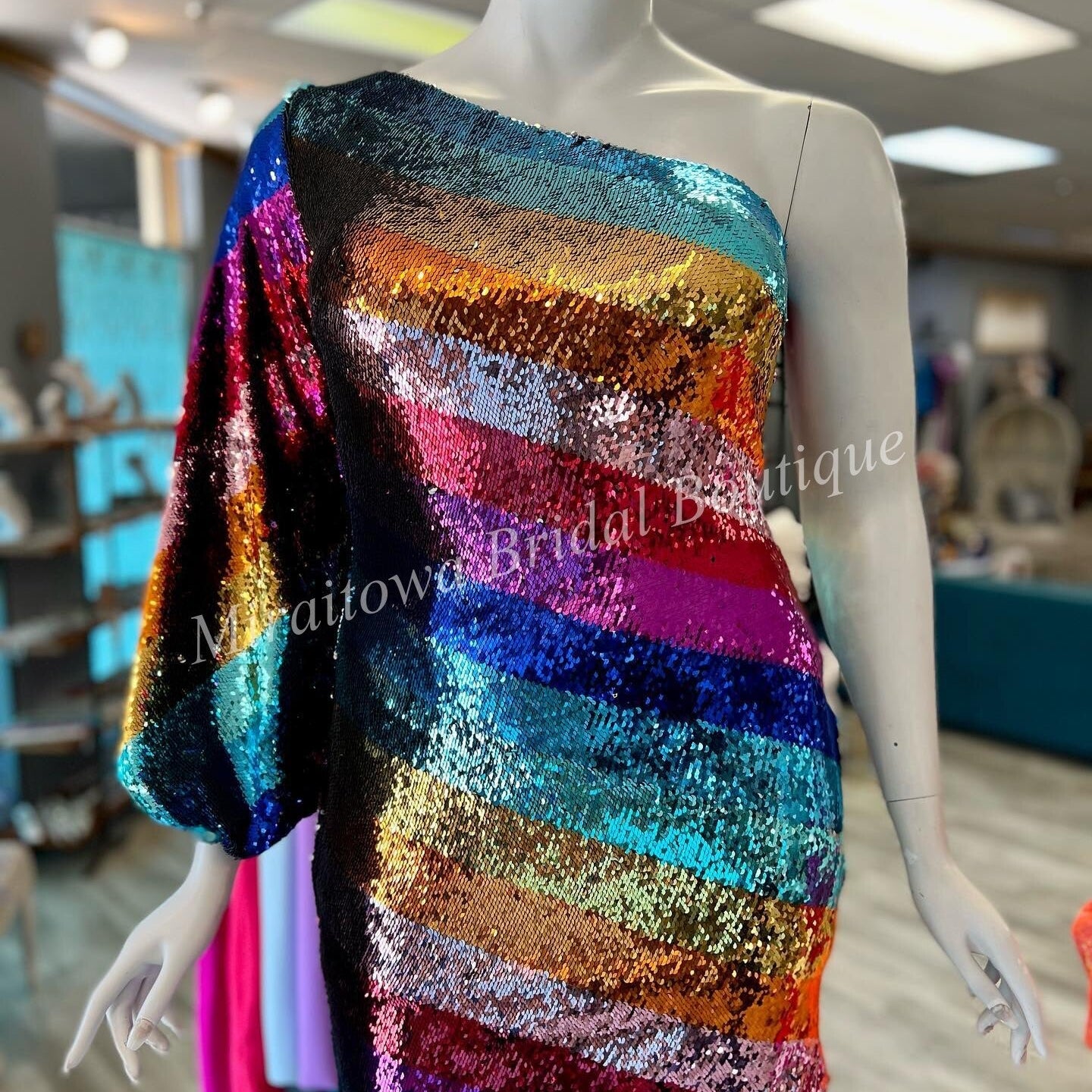Multicolor Cocktail NYE Dress One Long Sleeve Rainbow Sequins Lady Formal Event Mini Party Gown Club Night Out Hoco Gala