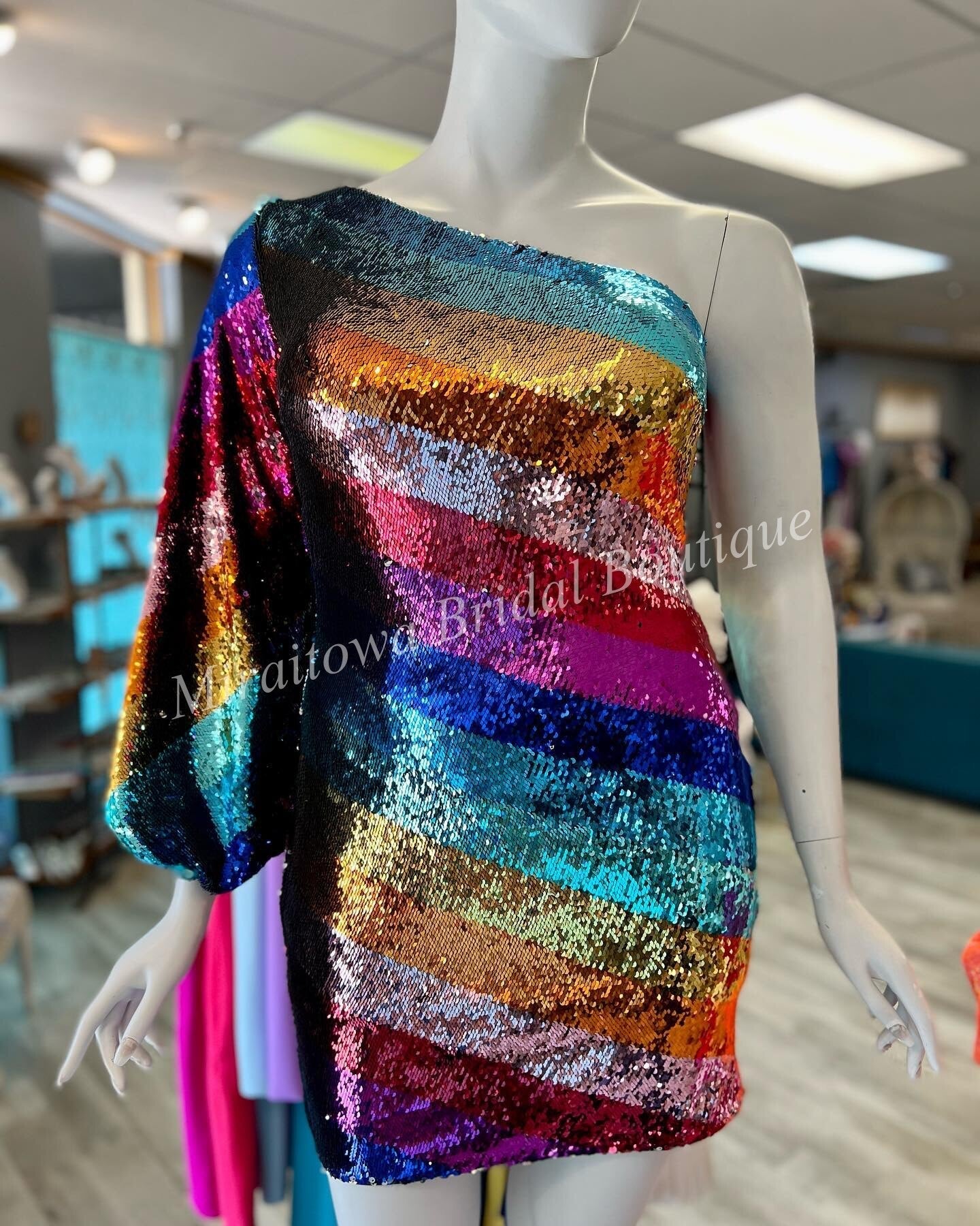 Multicolor Cocktail NYE Dress One Long Sleeve Rainbow Sequins Lady Formal Event Mini Party Gown Club Night Out Hoco Gala