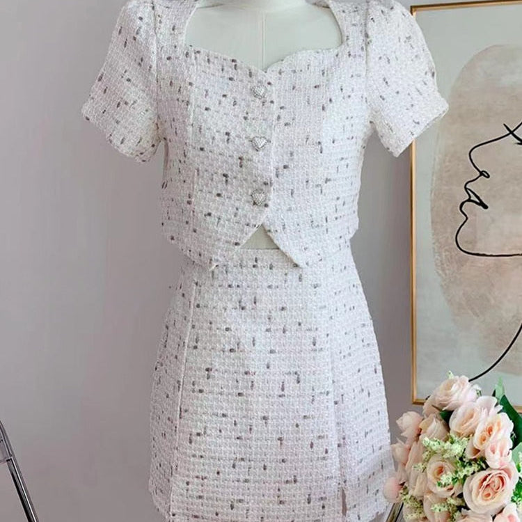 Small Fragrant Skirt Suit Tweed Short Coat Puff Sleeve Two Piece Set Female Summer Fashion Skirt for Women Korea Fashion