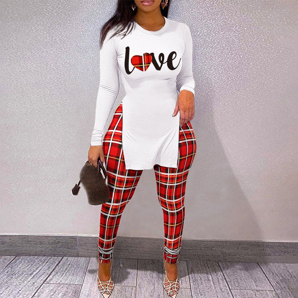 Fall Women Two Piece Sets Outfits Casual Print Side Slit Top And Skinny Pants Tracksuits Fashion Streetwear 2pcs Suits Long Red Plaid