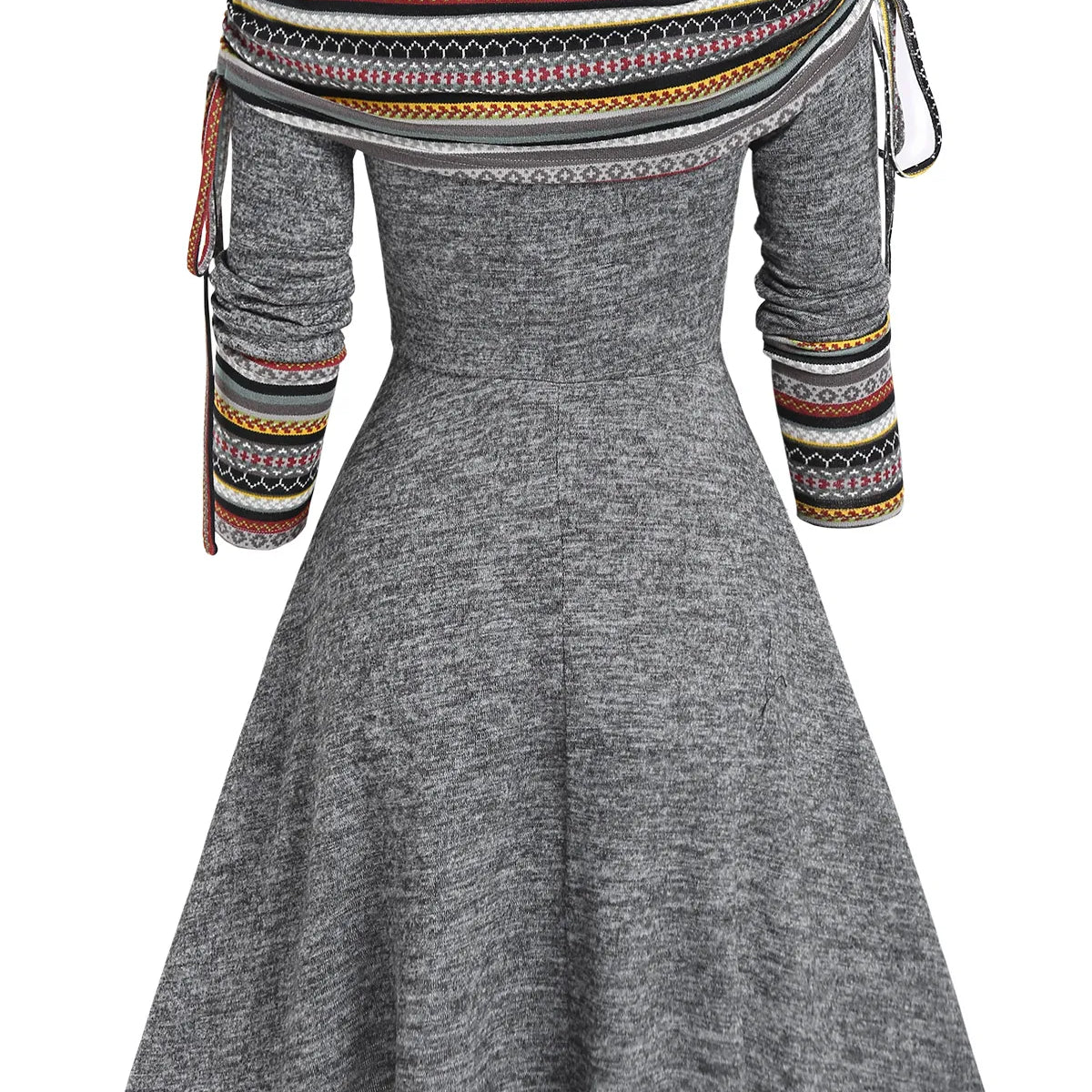 Convertible Cinched Striped Flare Dress Foldover Off The Shoulder Knitted Dresses Women Long Sleeve Jurken