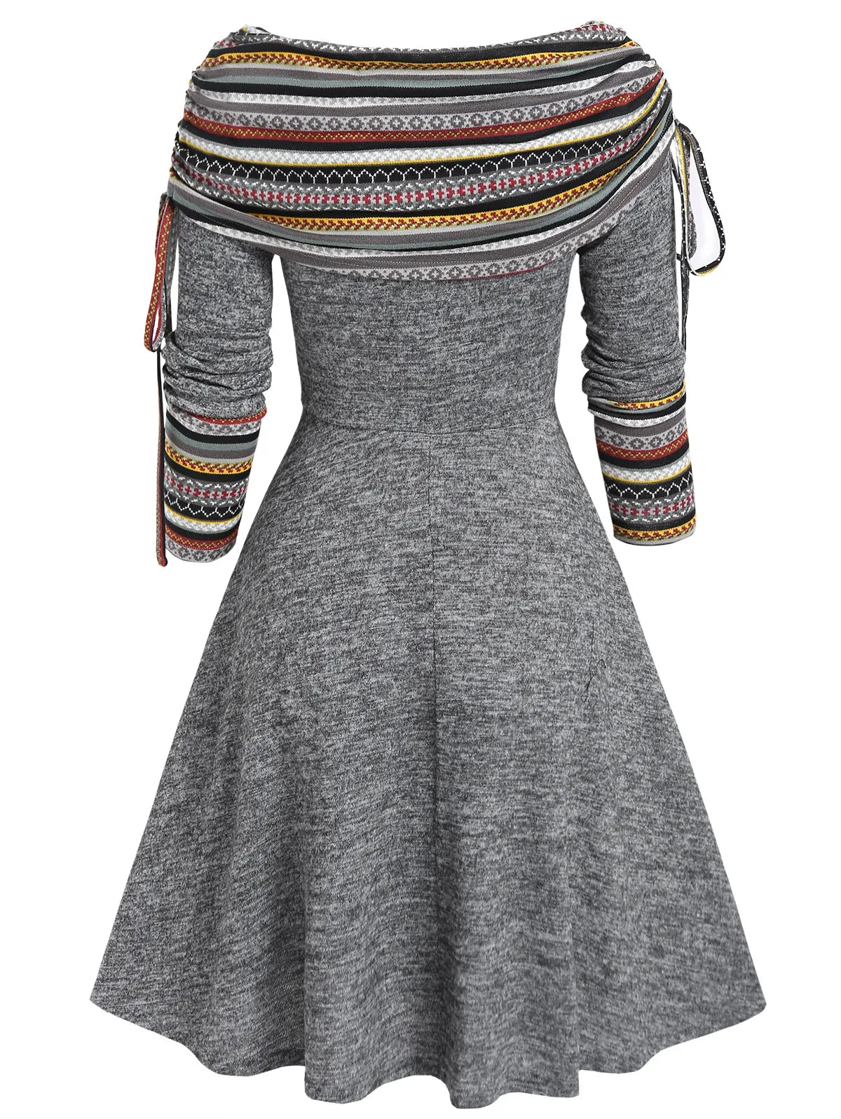 Convertible Cinched Striped Flare Dress Foldover Off The Shoulder Knitted Dresses Women Long Sleeve Jurken