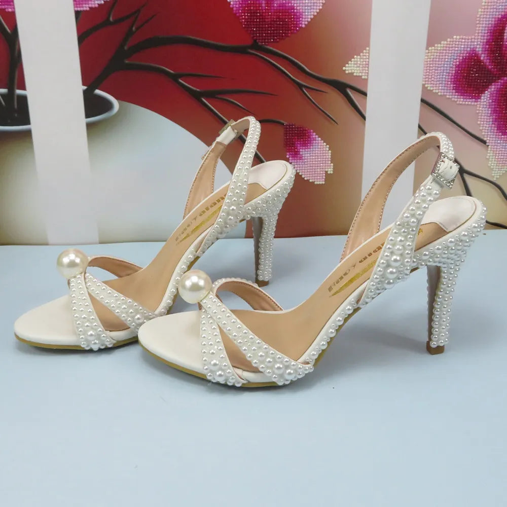 White Female Sandals Bridal shoes bag set woman Fashion Thin Heel Big Pearl Girls fashion Sandals party Shoes