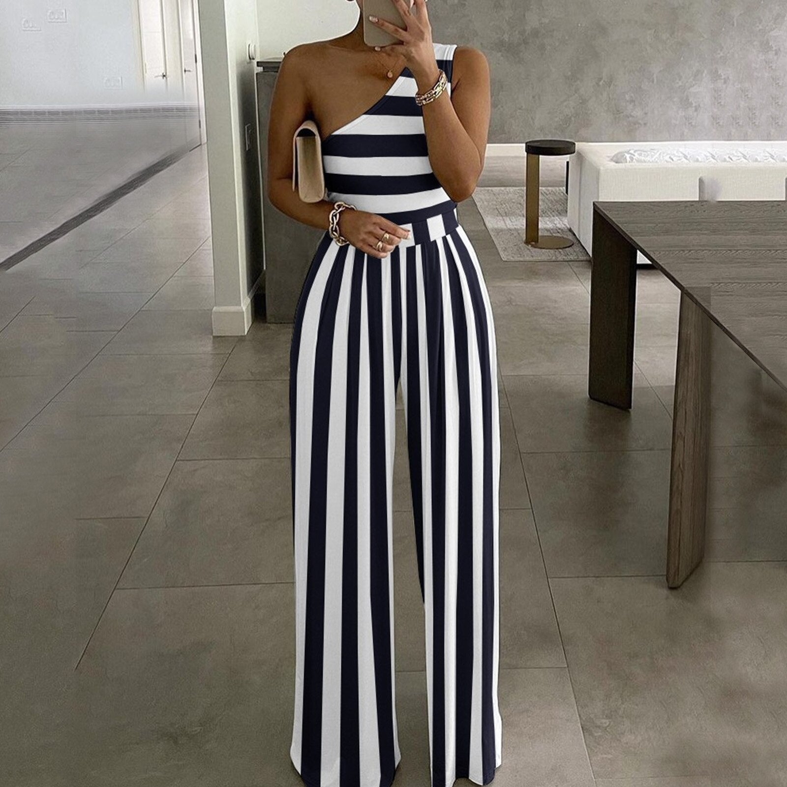 Summer Women Fashion Sexy One Shoulder Club Romper Bodysuit Elegant Wide Leg Jumpsuit Office Lady Casual Ovealls Black stripe