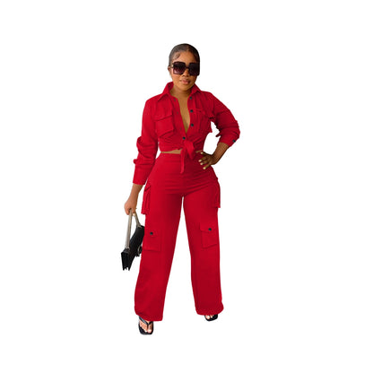 Autumn Winter Casual Solid Color Long Sleeve Shirt Pants Tooling Multiple Pockets Wide Leg  High wWaisted Knit Women Set
