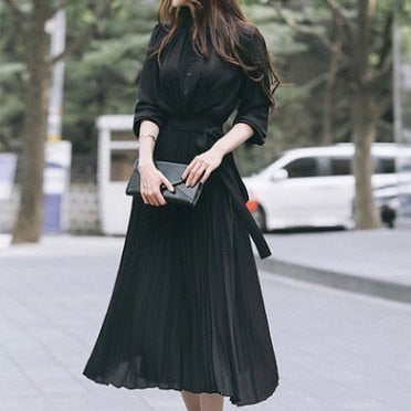 Elegant Chiffon Long Sleeve Shirt Dress Women Belt Lace Up A-line Pleated Maxi Dress Korean Fashion Fall Clothes Streetwear