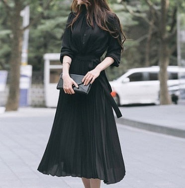 Elegant Chiffon Long Sleeve Shirt Dress Women Belt Lace Up A-line Pleated Maxi Dress Korean Fashion Fall Clothes Streetwear