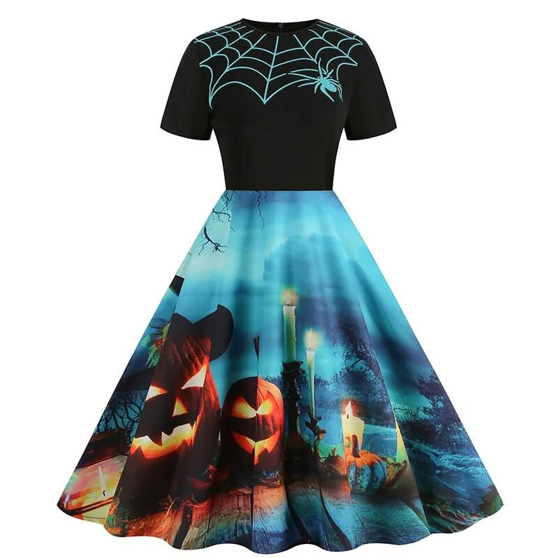 Women Halloween Costumes Dresses Short Sleeve Print Autumn Winter Vintage Party Dress Vestidos 005