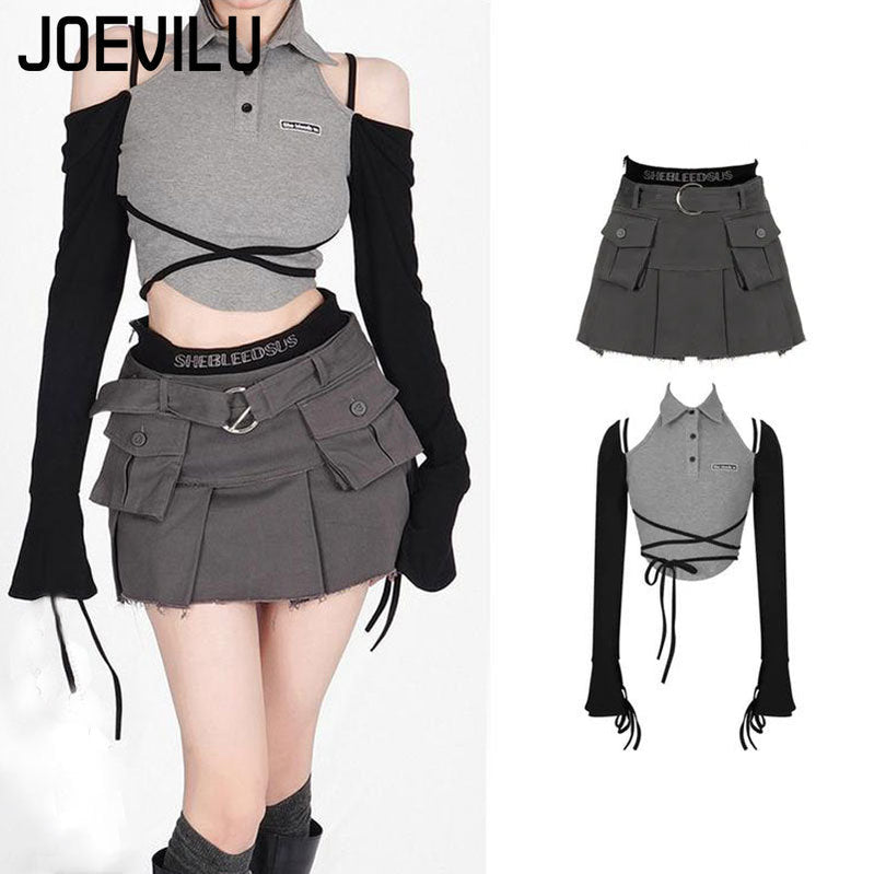 Gothic Skirt Set Polo Neck Waist Strap Off Shoulder Long Sleeve T-Shirt Pleated Denim Skirt 2 Piece Sets Women Outfits Y2k Suit