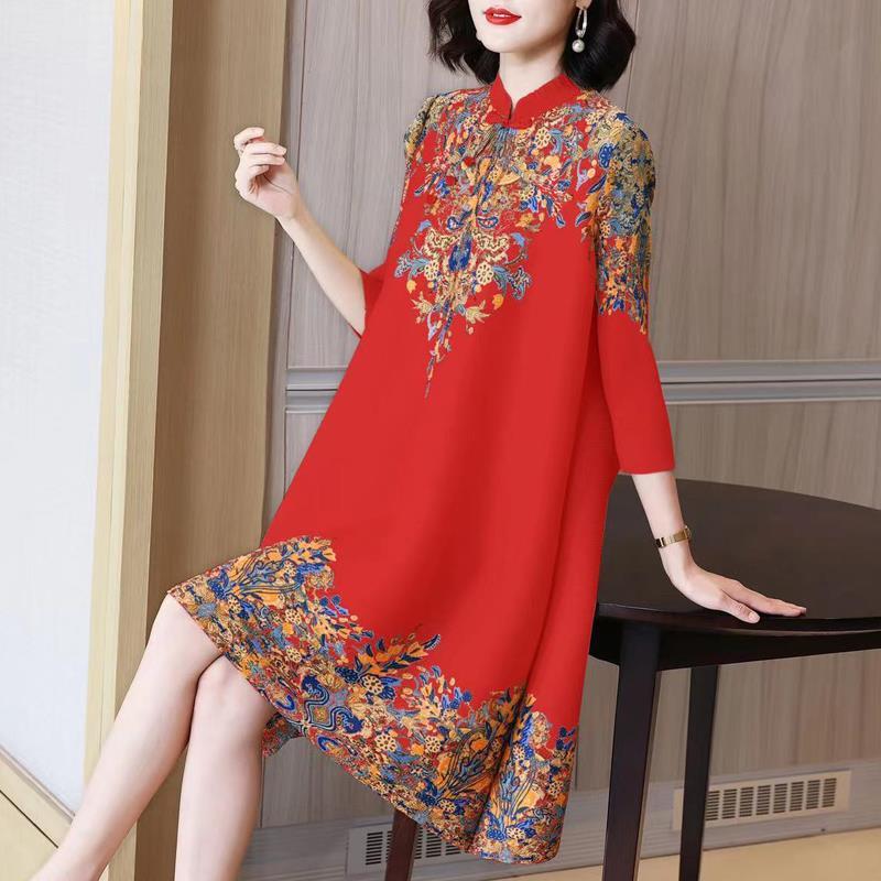 Summer Autumn Overesized Stand Collar Temperament Floral Printing Dress Ladies Elegant Fashion Loose Dresses Robe Femme Vestido Red