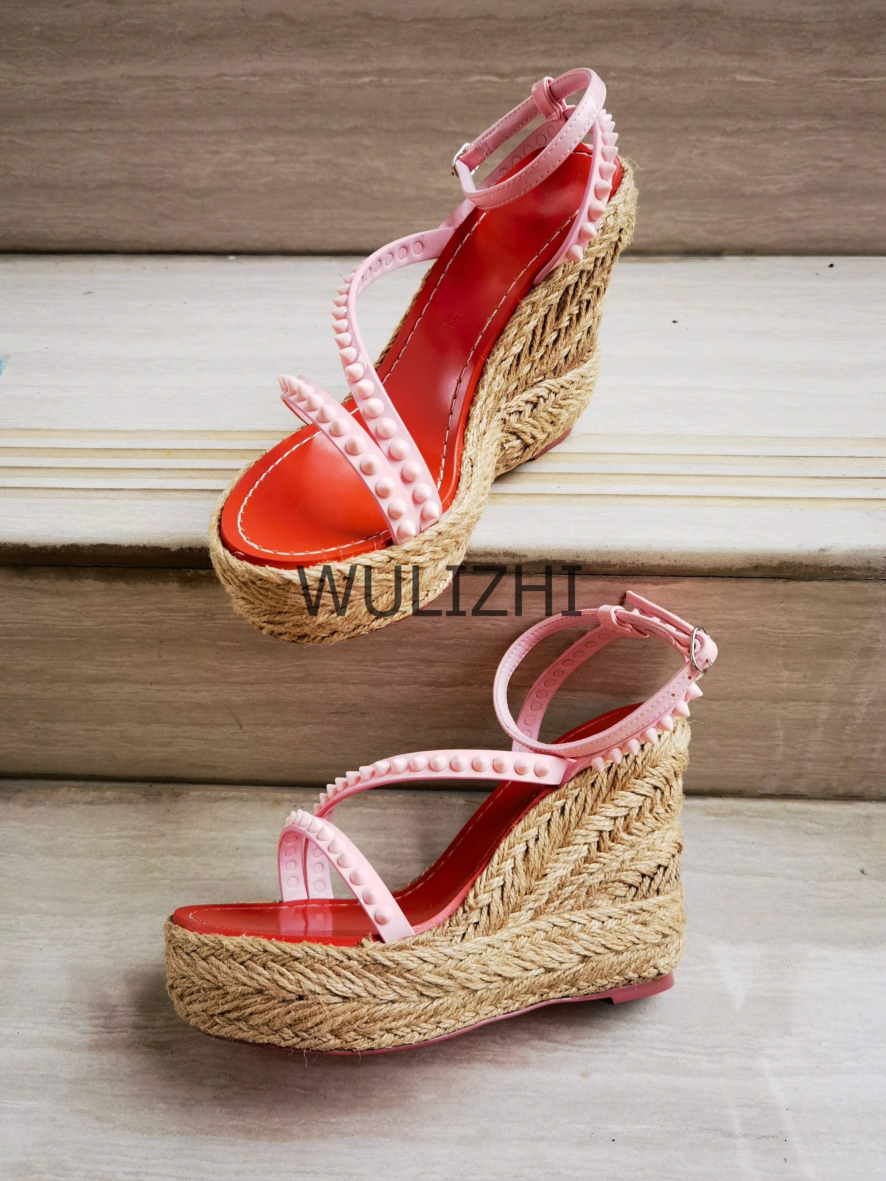 Women&#39;s Candy Color Rivet Design Wedge Sandals Summer Casual Open Slingback Platform Pink Yellow Sandals Cross Wrap Buckle Shoes