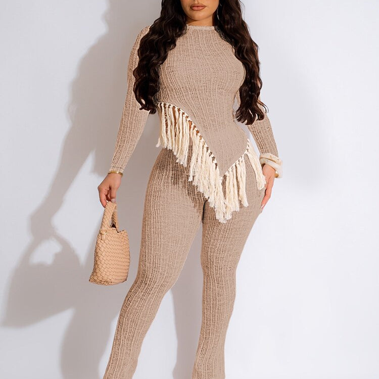 New In Fringe Tassel Long Sleeve Top and Pants Two Piece Set for Women Autumn Winter Birthday Party Club Night Outfit
