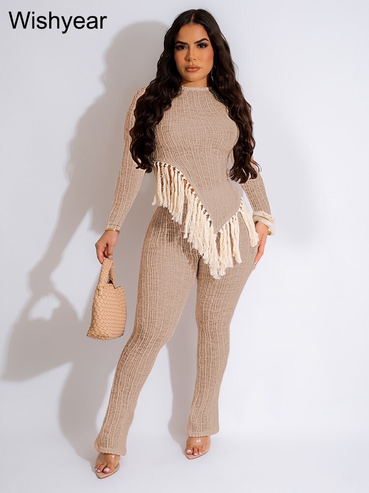 New In Fringe Tassel Long Sleeve Top and Pants Two Piece Set for Women Autumn Winter Birthday Party Club Night Outfit