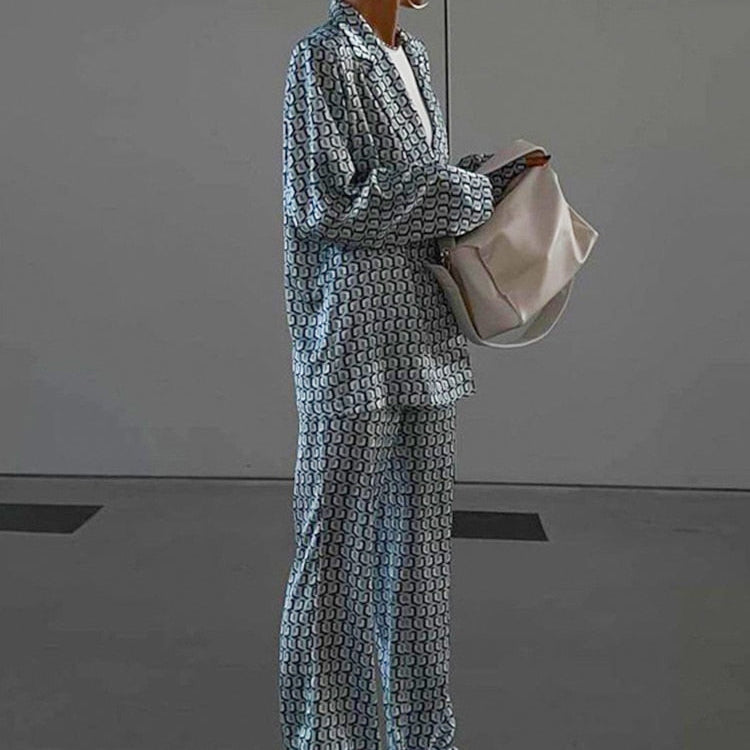 Autumn Winter Women Office Satin Suit Sets Printed V-neck Long Sleeve 2 Piece Pant Matching Set