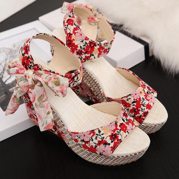 Women Sandals Dot Bowknot Design Platform Wedge Female Casual High Increas Shoes Ladies Fashion Ankle Strap Open Toe Sandals Pink1